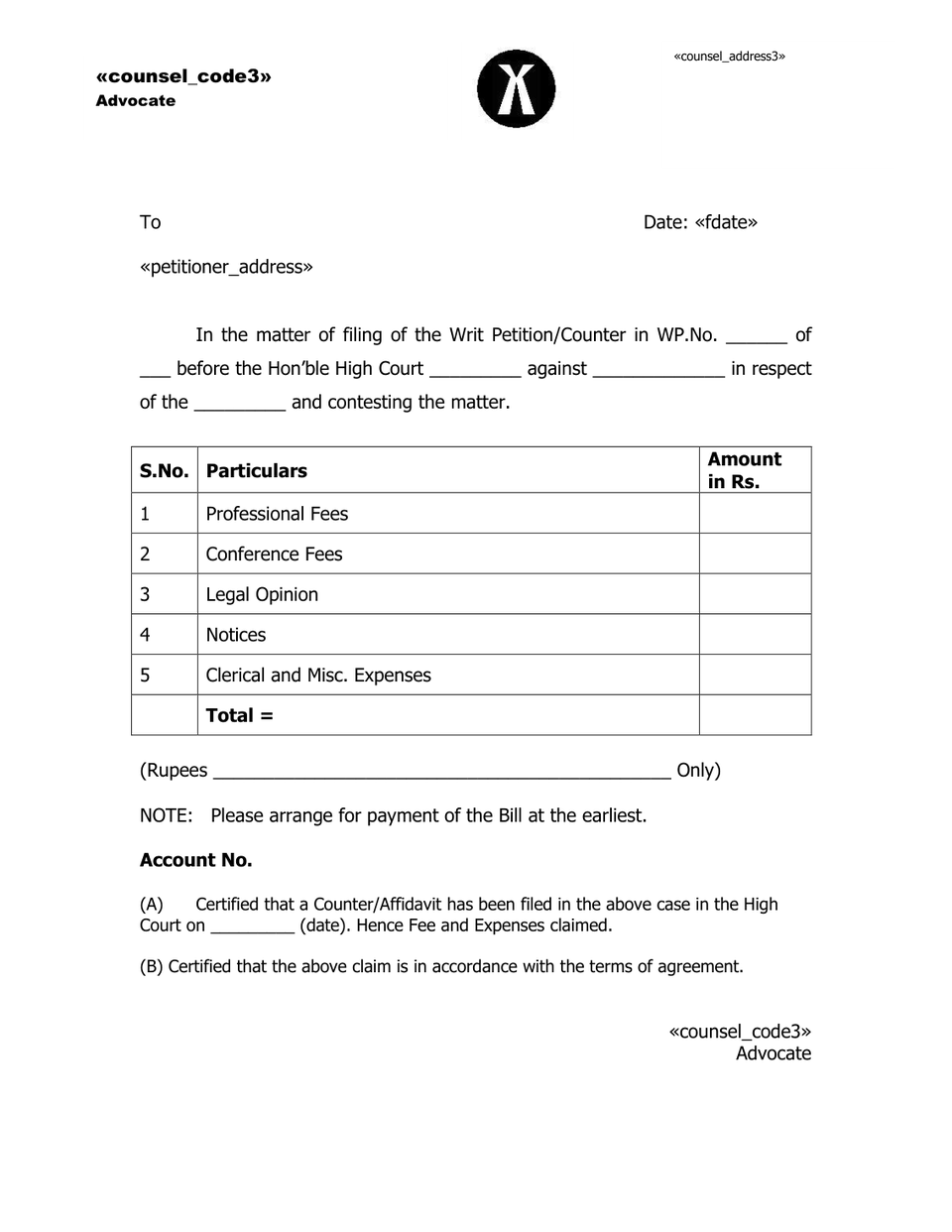 Advocate Fee petition format preview