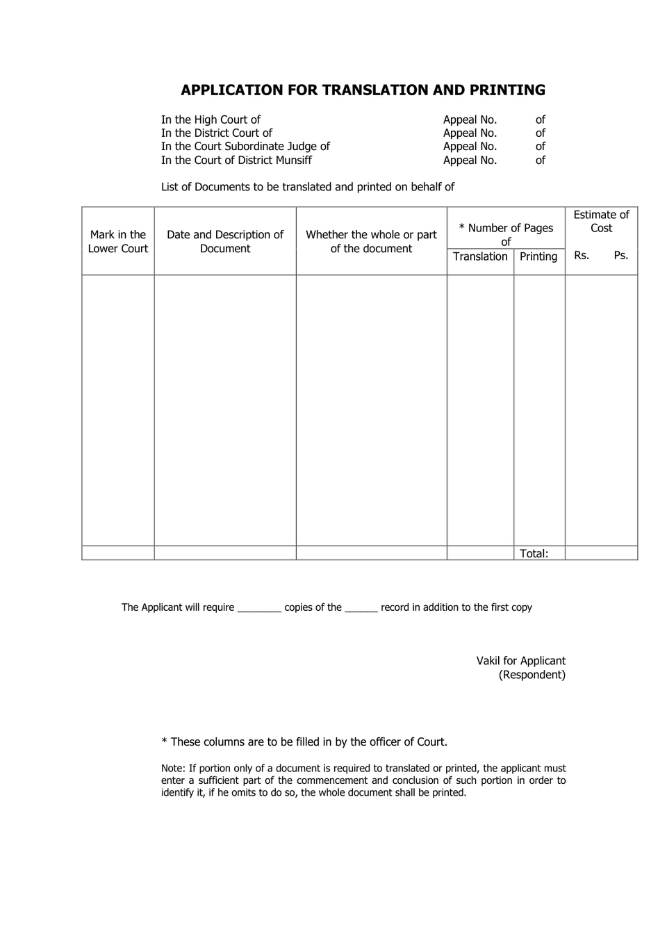 Application For Translation And Printing petition format preview