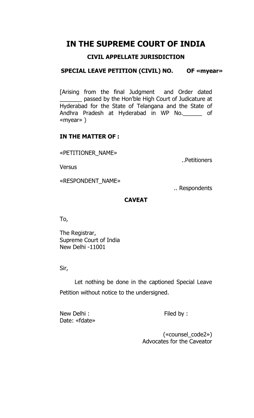 Caveat Supreem Court petition format preview
