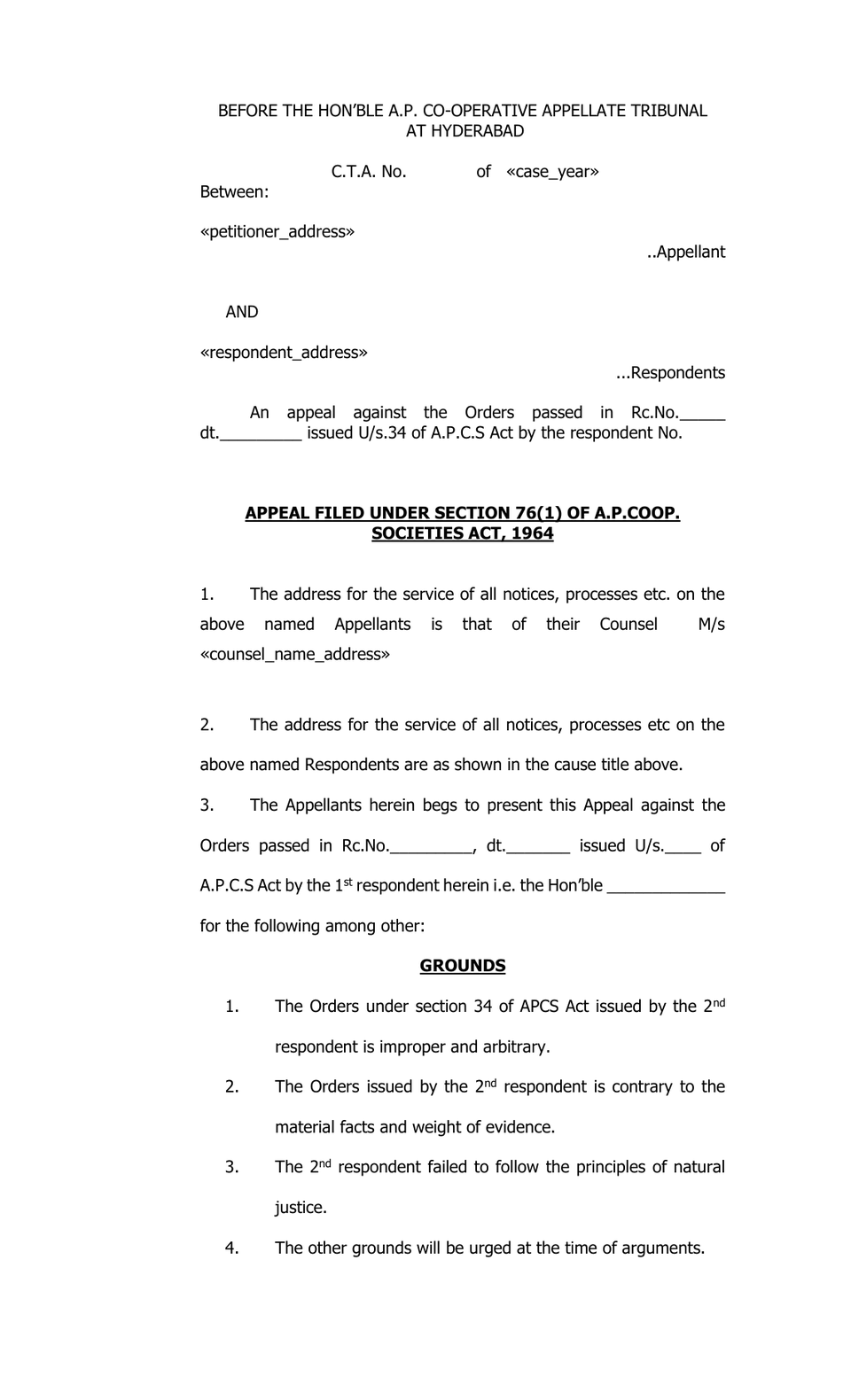 Cooperative Appelate Tribunal petition format preview
