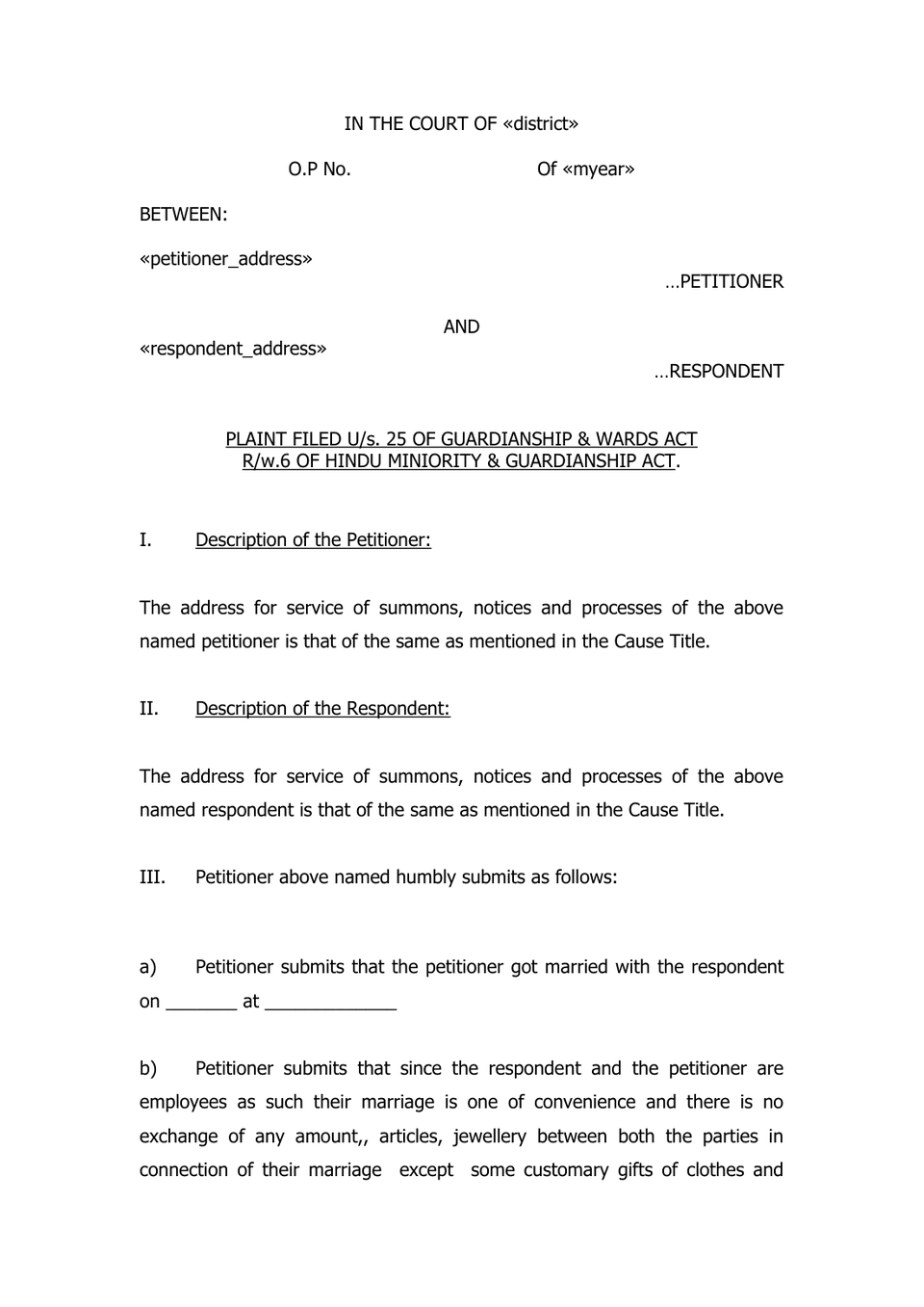 Childy Custody Petition petition format preview