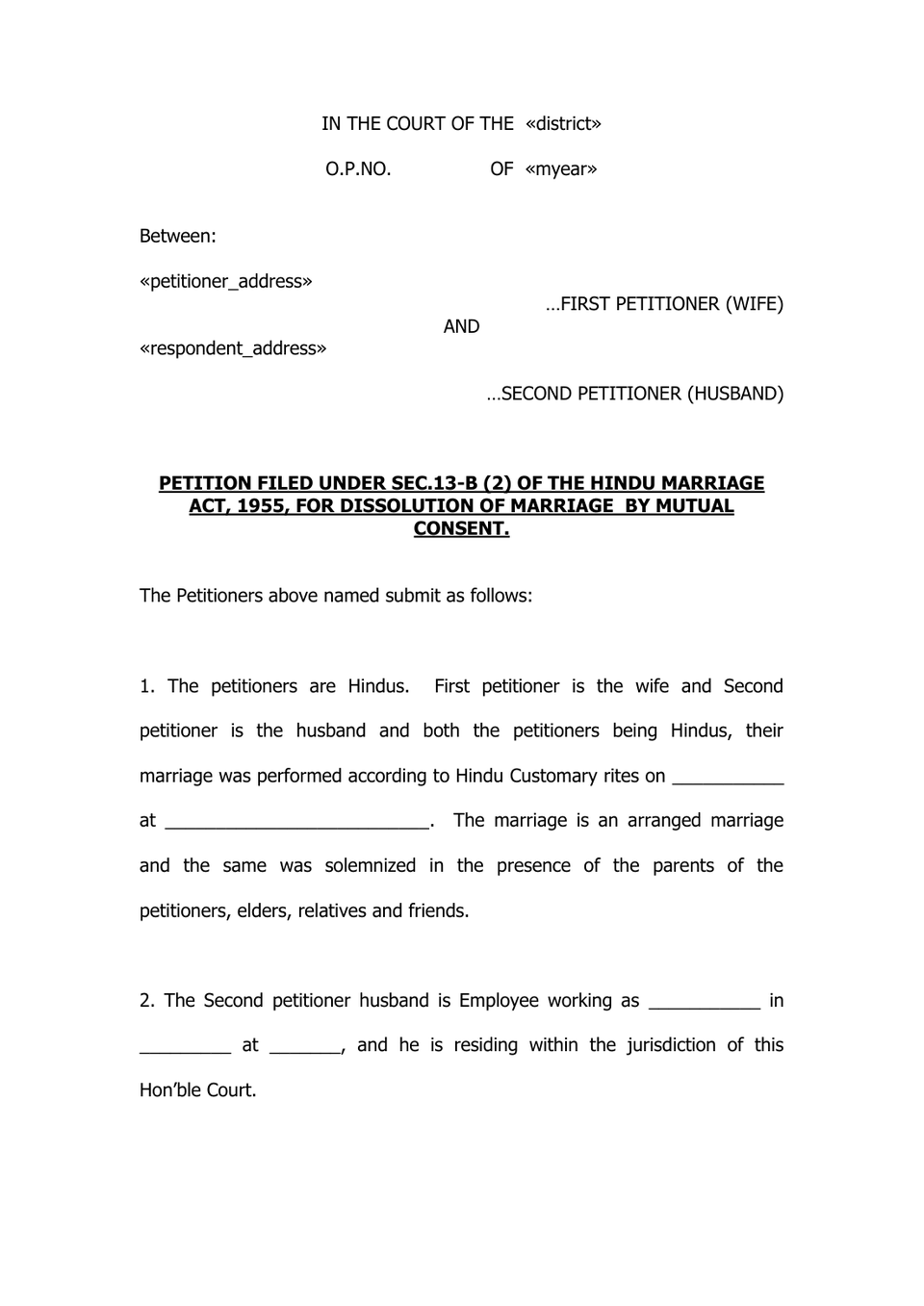 Divirce Petition By Mutual petition format preview