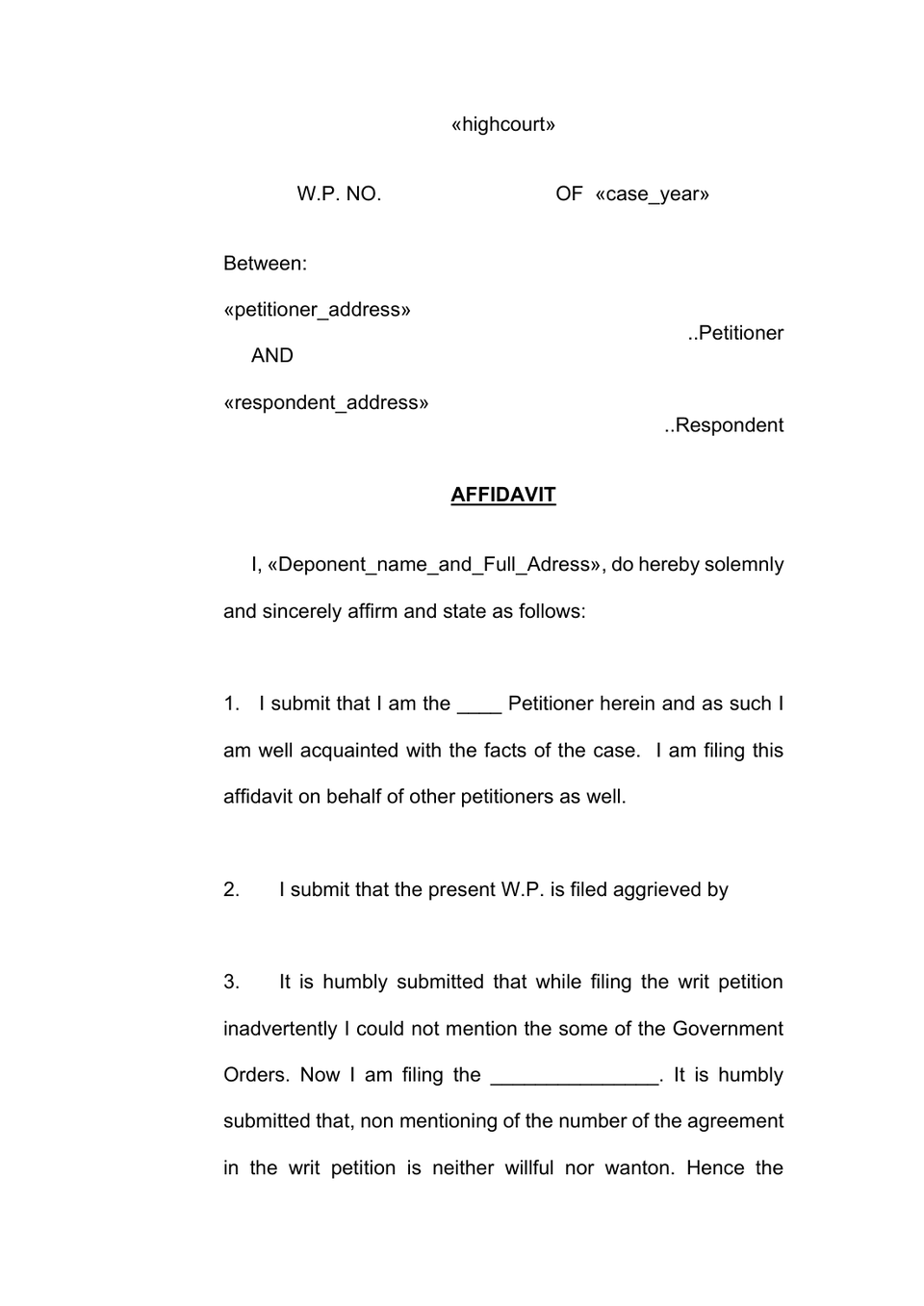 Additional Affidavit Additional Material Papers  For High Court petition format preview