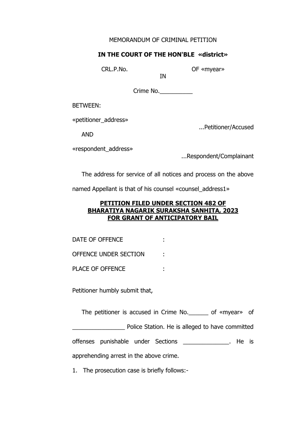 Anticipatory Bail 1 petition format preview