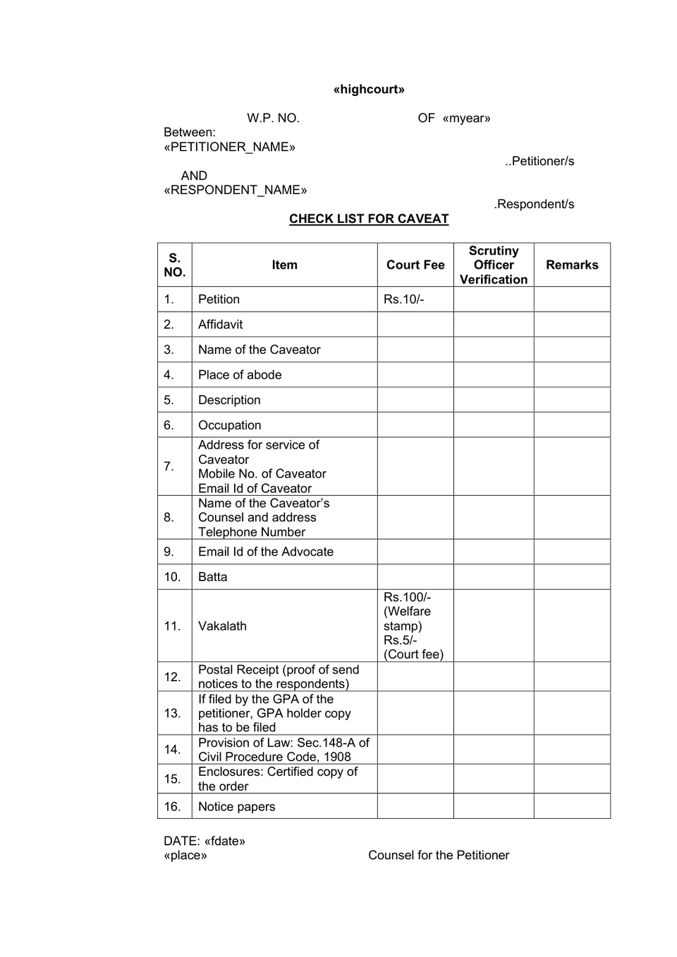 Caveat Petition petition format preview