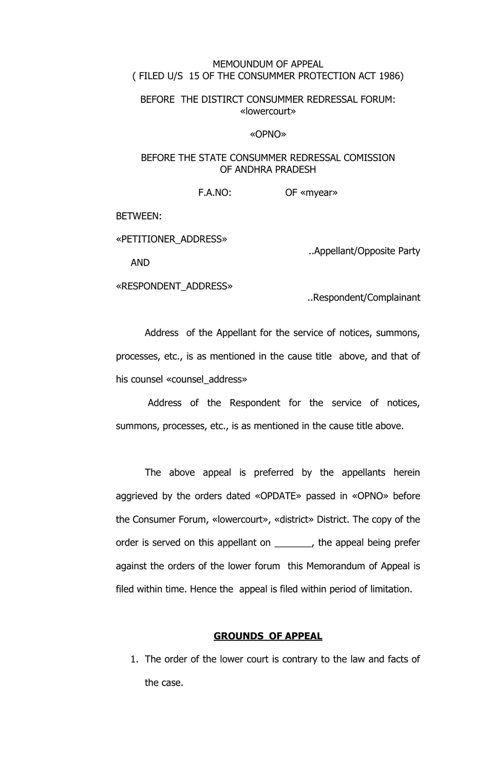 Consumer Case Appeal petition format preview