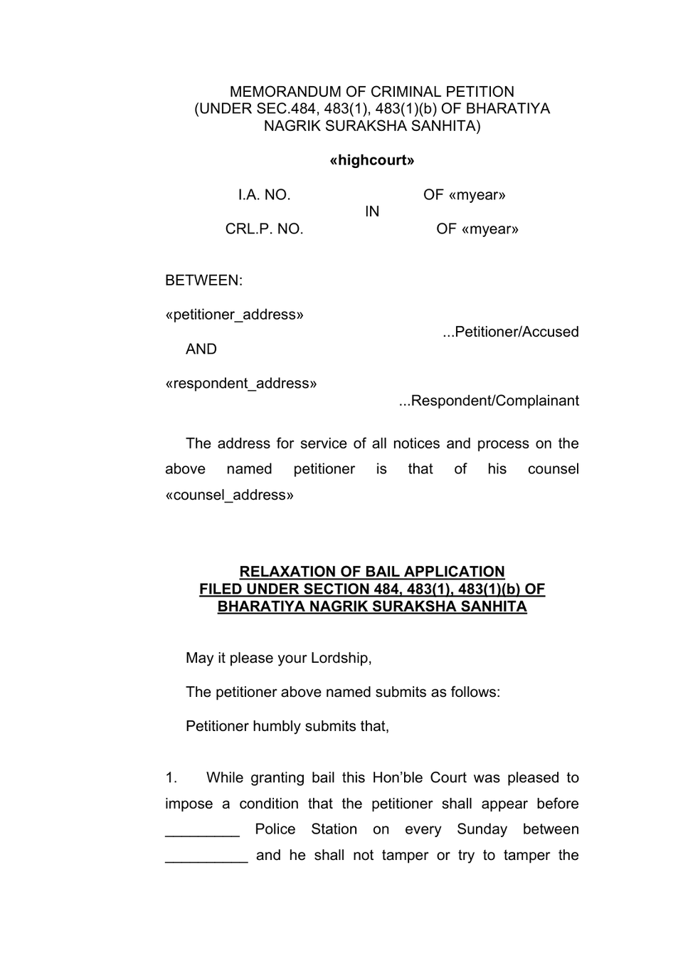 Memorandum Of Criminal Petition Relax Bail preview