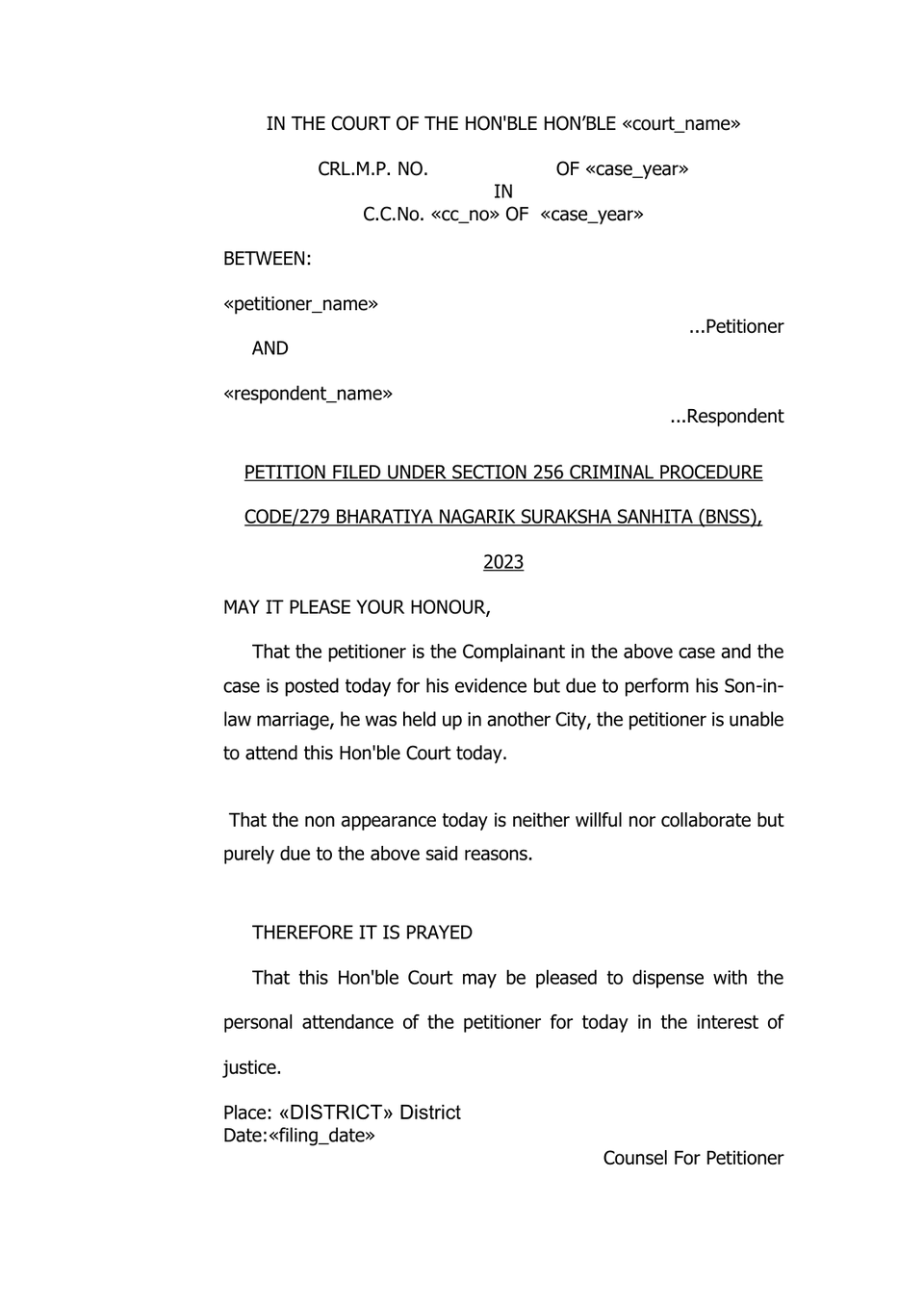 256 Crpc Or 279 Bnss Petition petition format preview