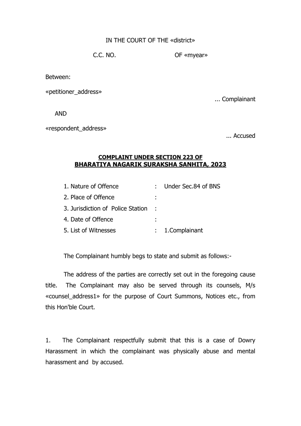 498A Or 85 Bns Private Complaint petition format preview