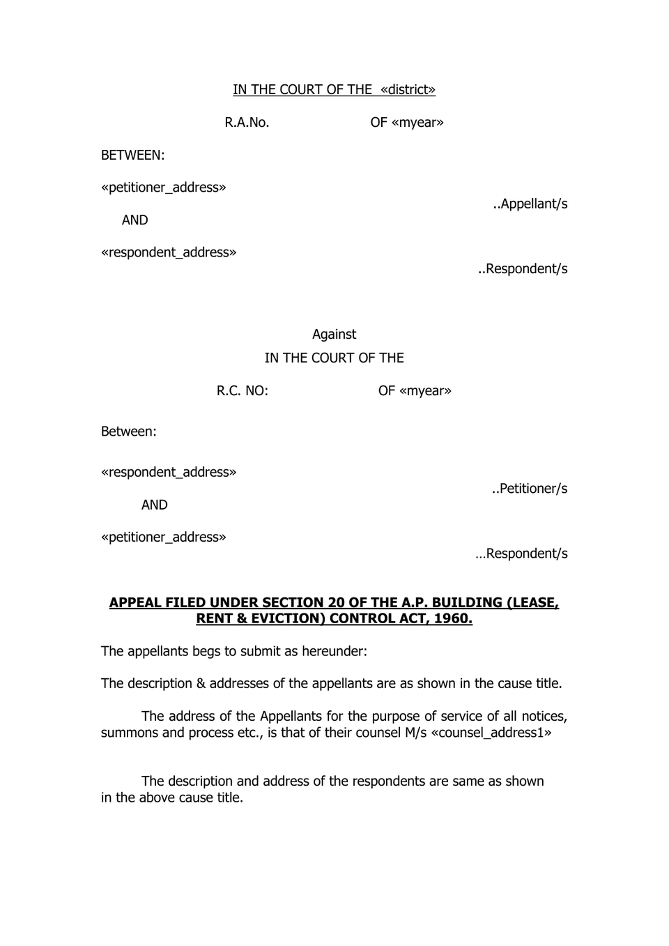 Appeal Under Section 20(2) Rent Control Act petition format preview