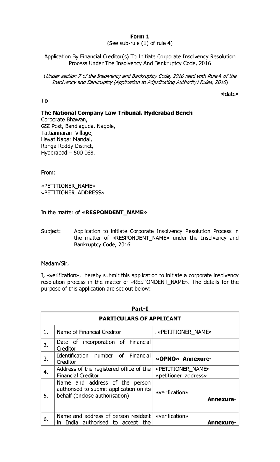 Application By Financial Creditor Ibc 2016 Cirp petition format preview