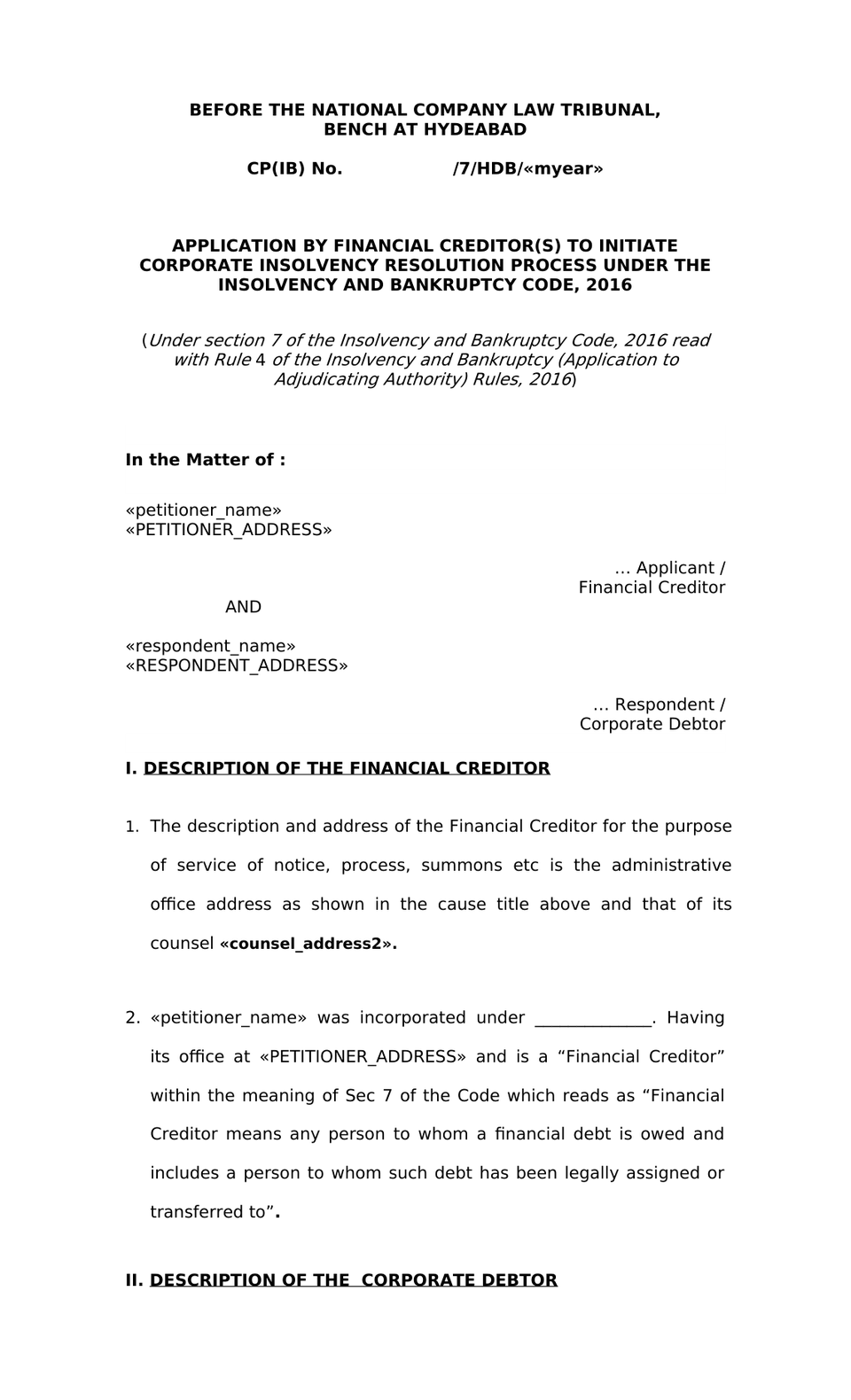 Application By Financial Creditor Ibc 2016 Cirp preview page 5