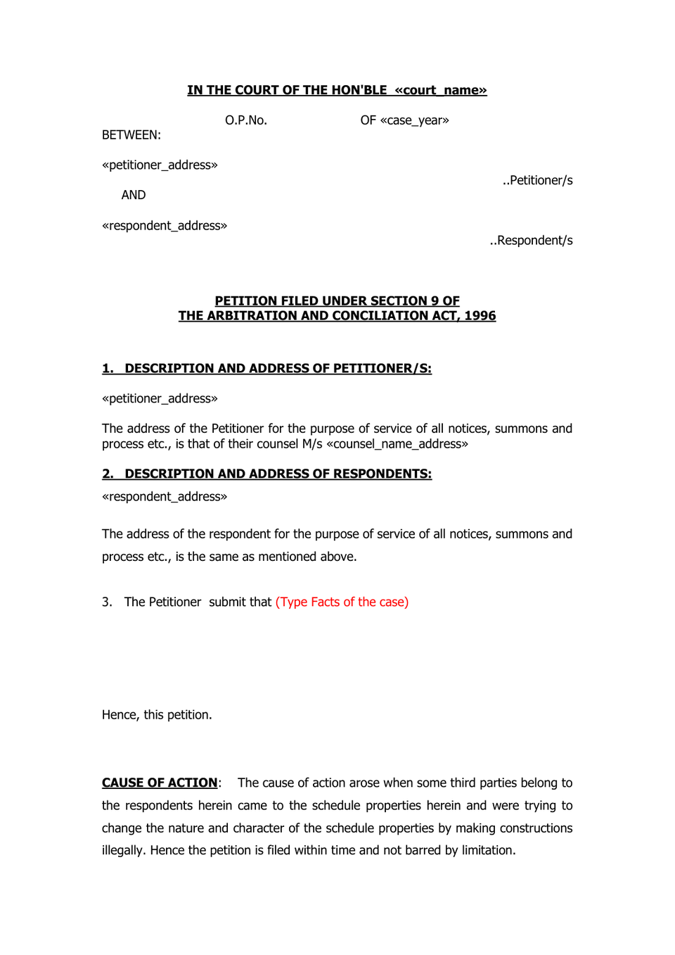 Aribitration petition format preview