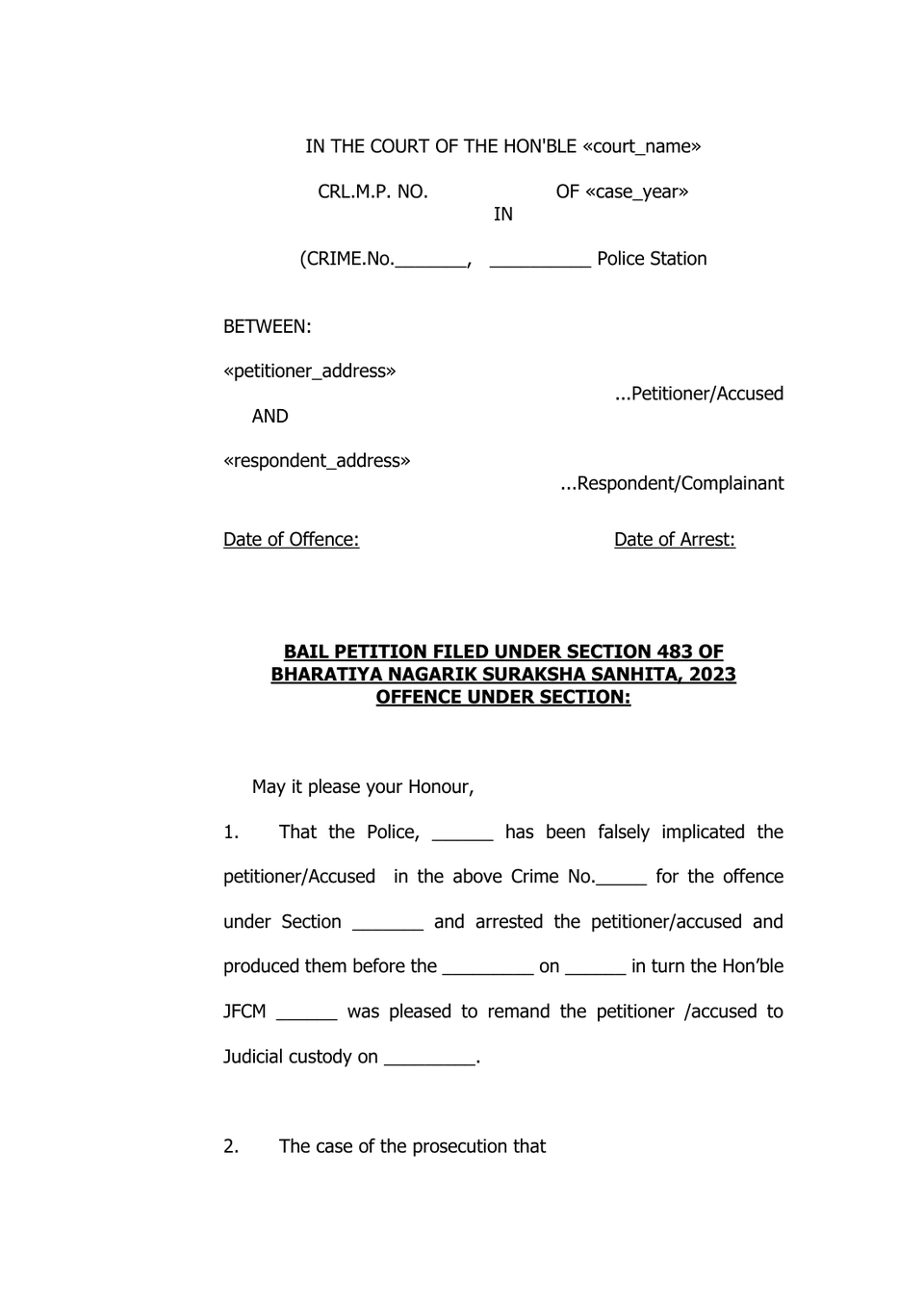 Bail Petition 483 Bnss petition format preview