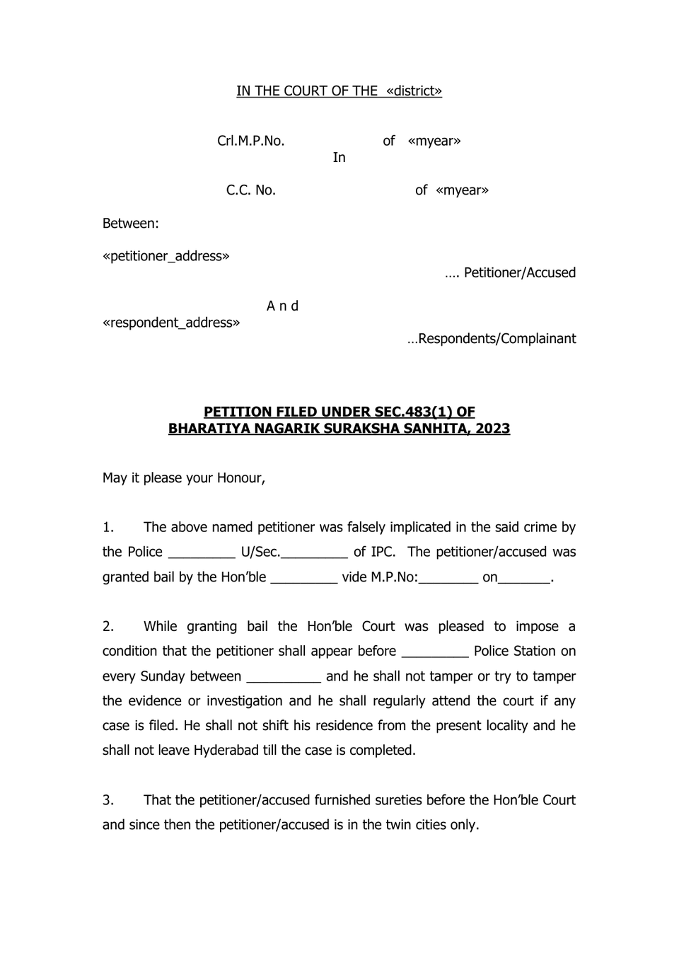 Bail Petition Under Sec 483(1) Bnss petition format preview