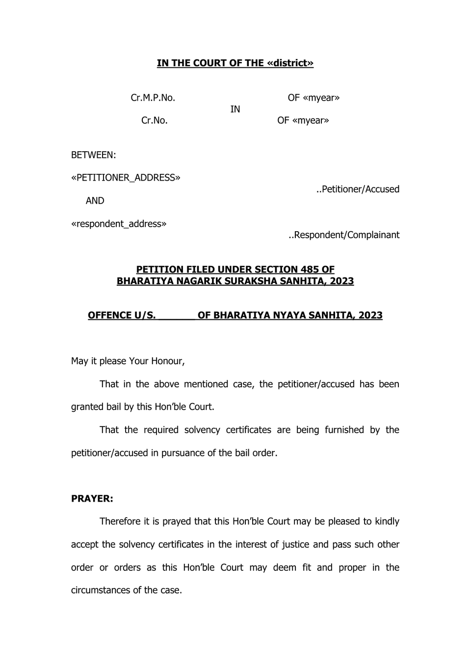 Bond Of Accused And Sureties Crpc 441 Or Bnss 485 petition format preview