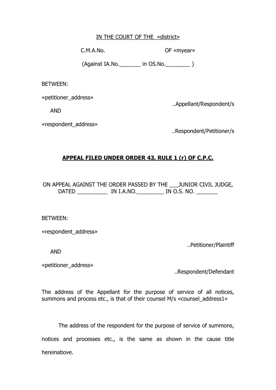 Civil Mescellenious Appeal petition format preview
