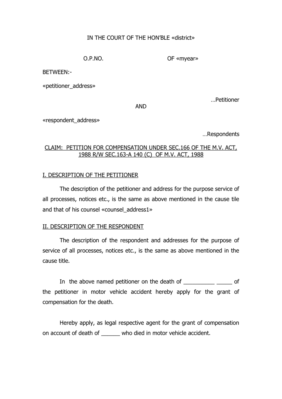 Claim Petition Death Under Sec 166 Mv Act 1988 petition format preview
