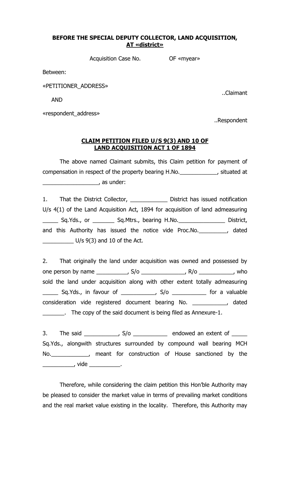Claim Petition Filed Us 9(3) And 10 Of Land Acquisition Act 1 Of 1894 petition format preview