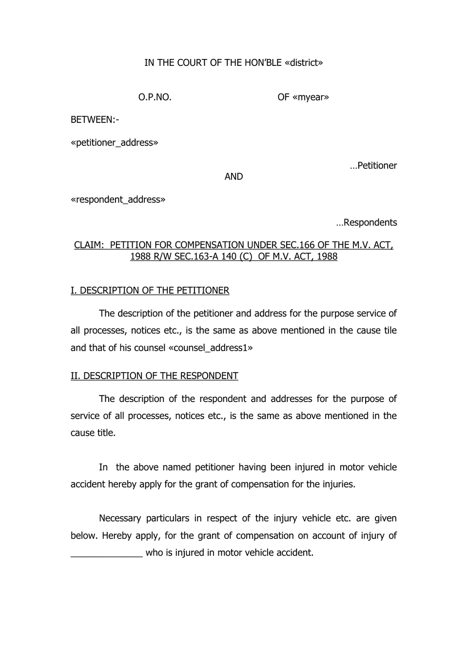 Claim Petition Injury Under Sec 166 Mv Act 1988 petition format preview