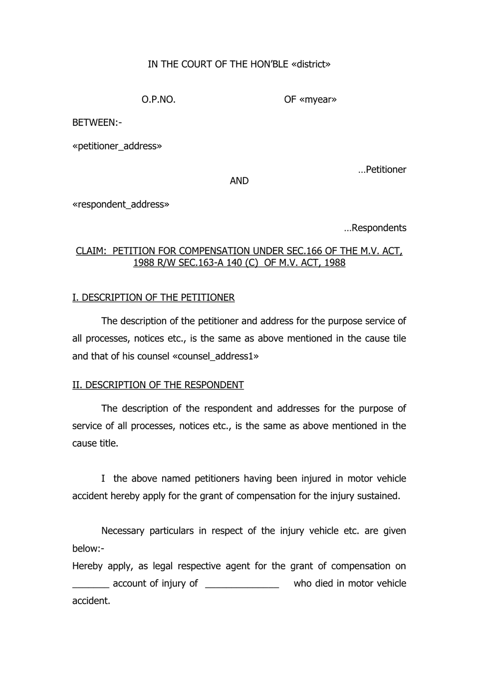 Claim Petition Under Sec 166 Mv Act 1988 petition format preview