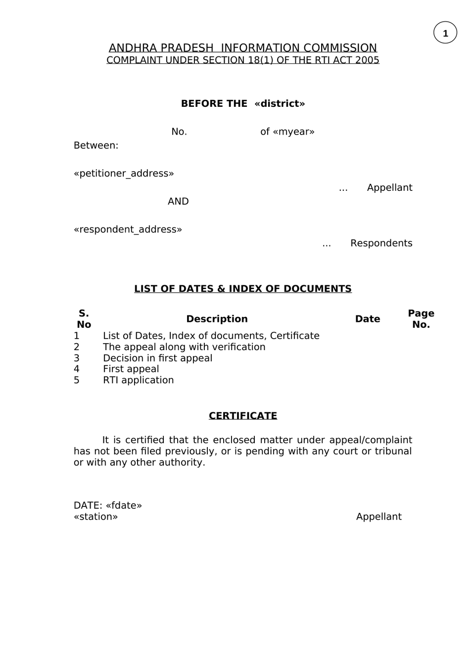 Complaint Under Section 18(1) Rti Act 2005 petition format preview