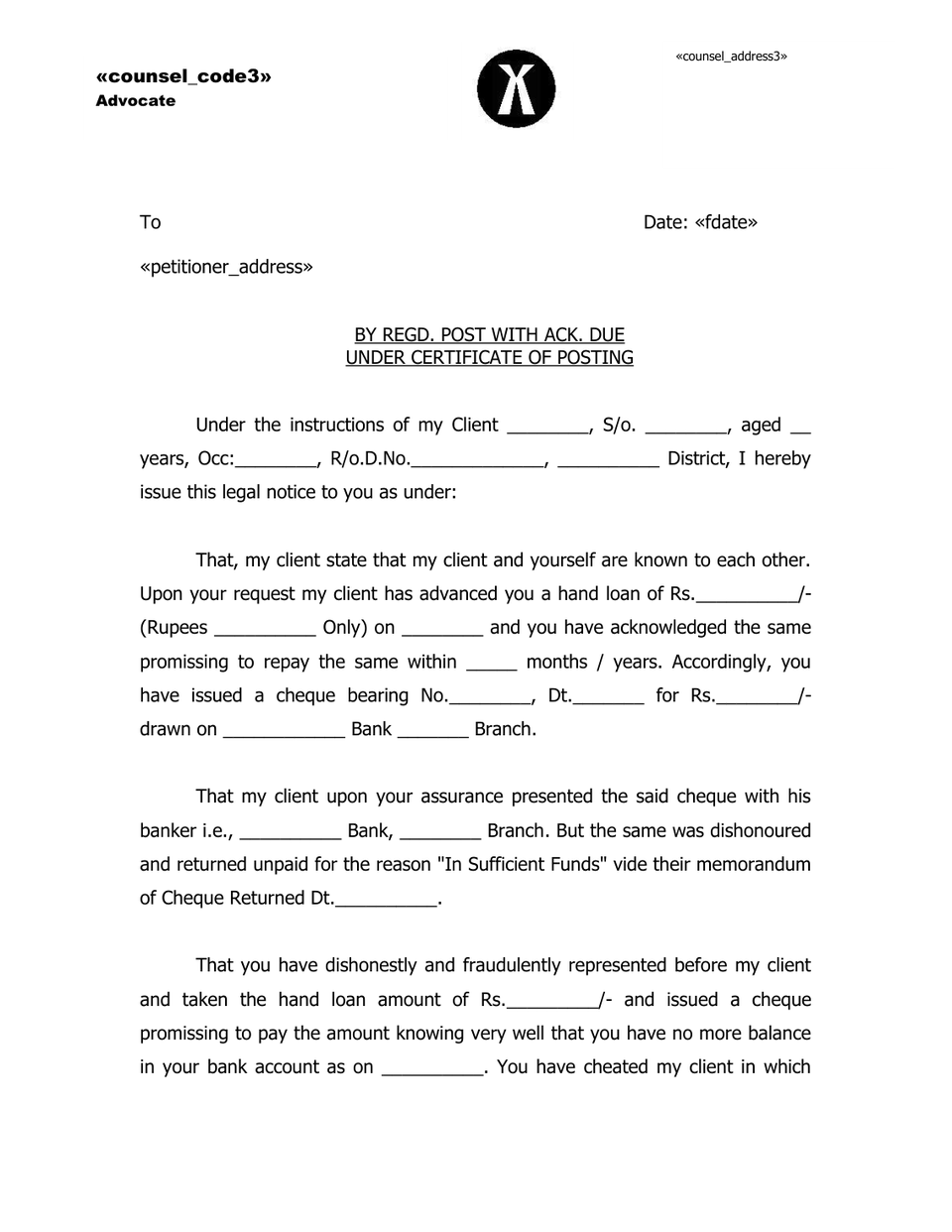 Legal Notice Under Section 138 Negotiable Instruments Act preview