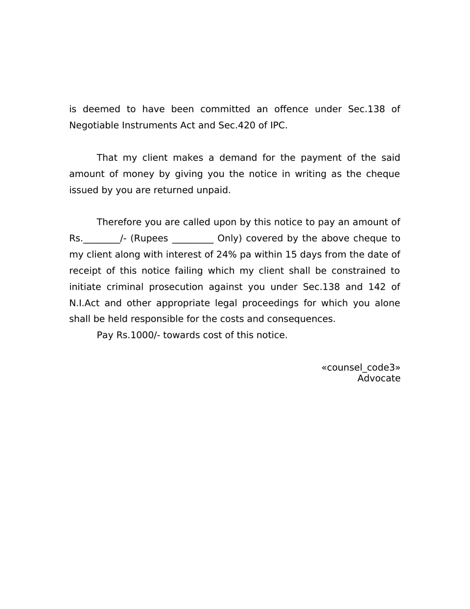 Legal Notice Under Section 138 Negotiable Instruments Act preview page 2