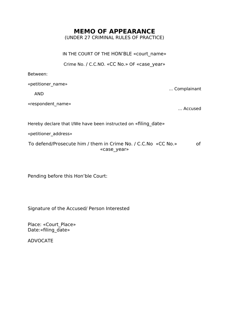 Memo Of Appearance petition format preview
