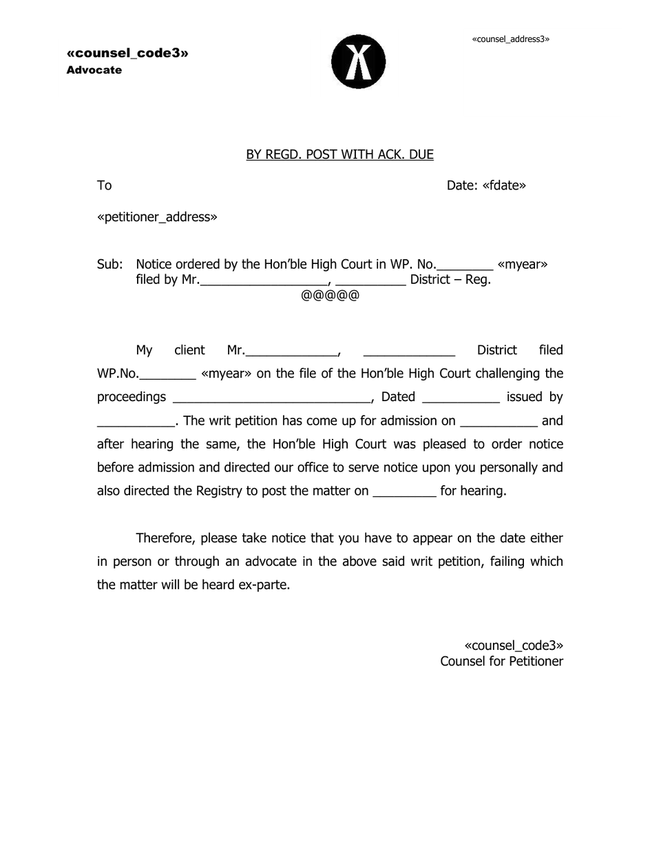 Notice Petition Sub Notice High Court preview
