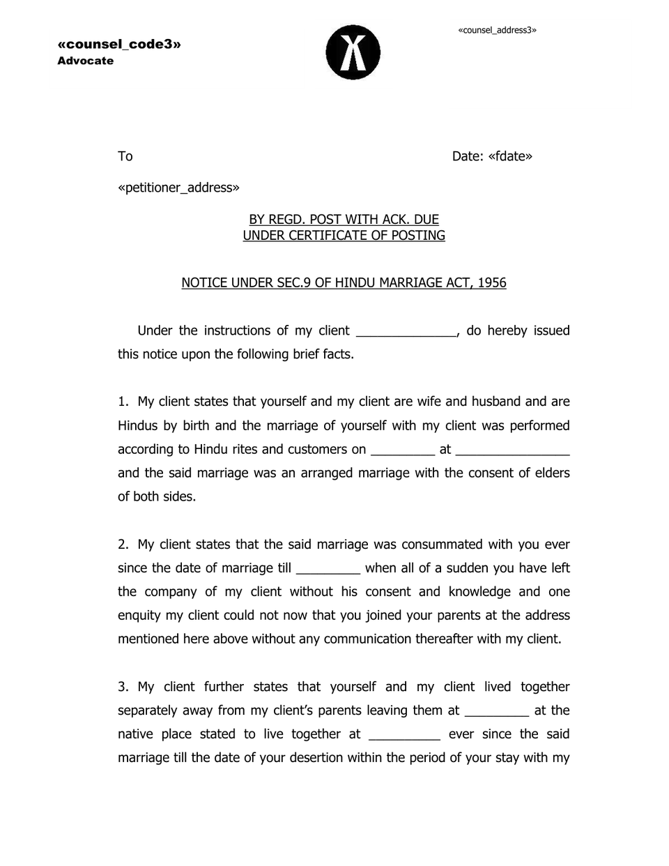 Notice Under Section 9 Hindu Marriage Act 1956 preview