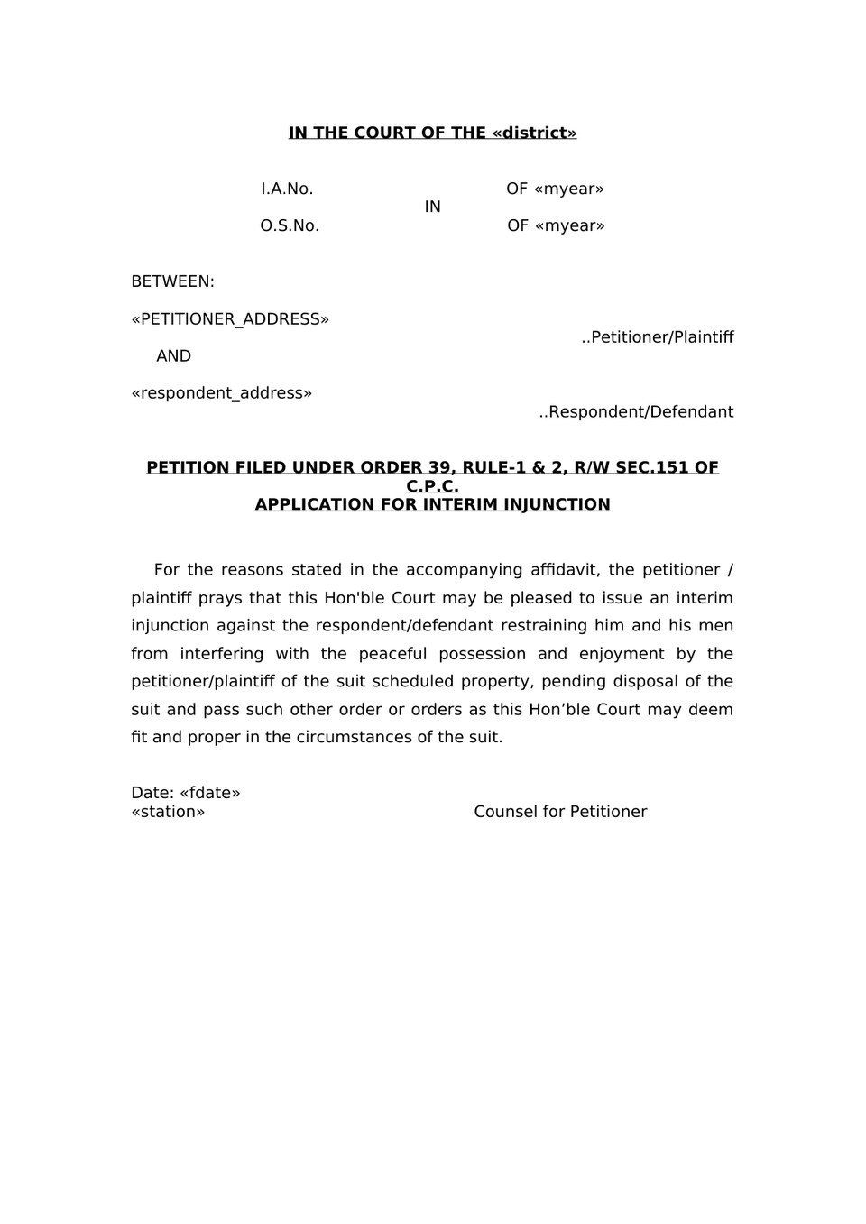 Petition Filed Under Order 39, Rule-1 & 2, Rw Sec.151 Of C P C Application For Interim Injunction preview page 2