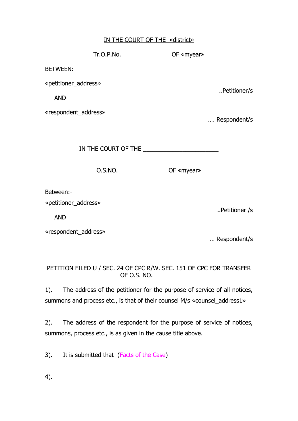 Petition Filed Under Sec. 24 Of Cpc Rw. Sec. 151 Of Cpc Transfer Op preview