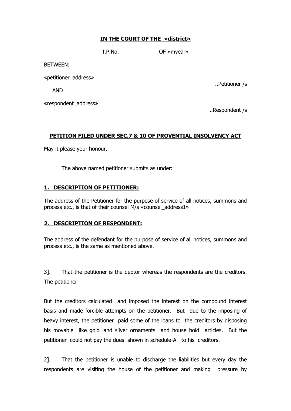 Petition Filed Under Sec.7 & 10 Of Provential Insolvency Act preview