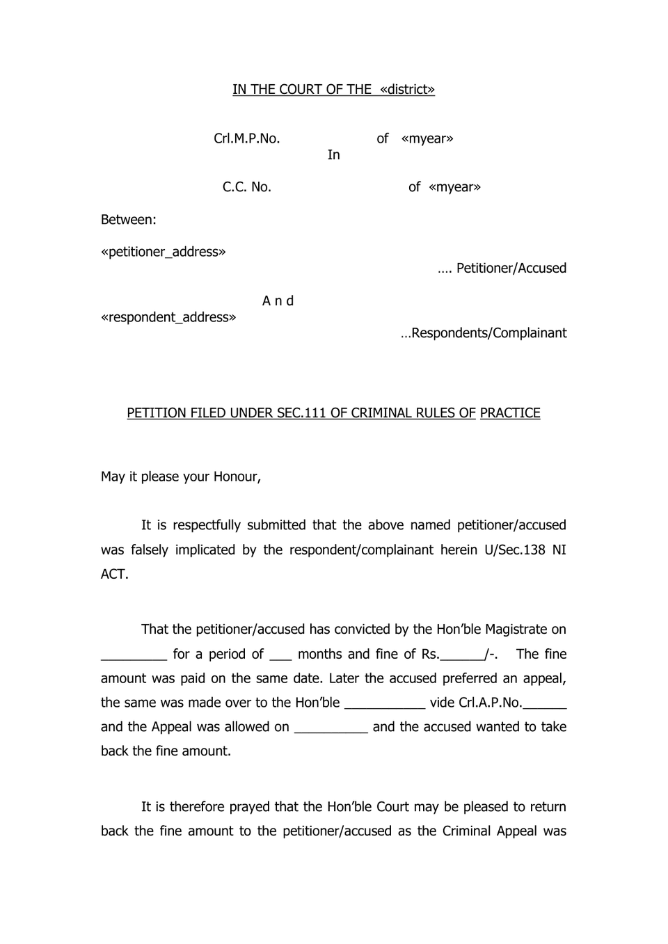Petition Under Sec 111 Criminal Rules Of Practice preview