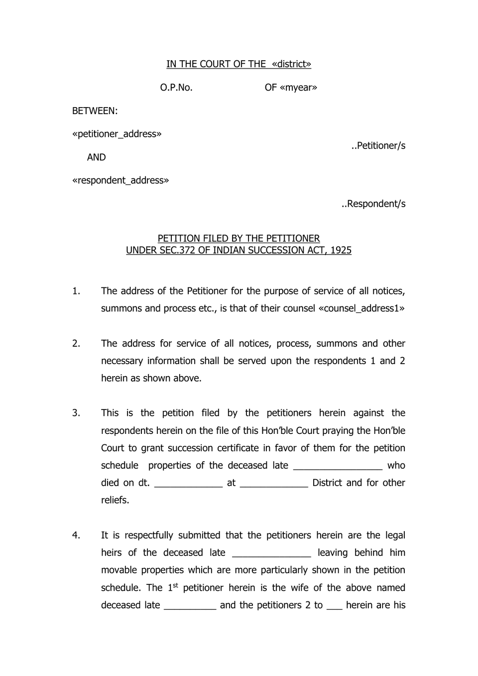 Petition Under Sec 372 Indian Succession Act 1925 preview