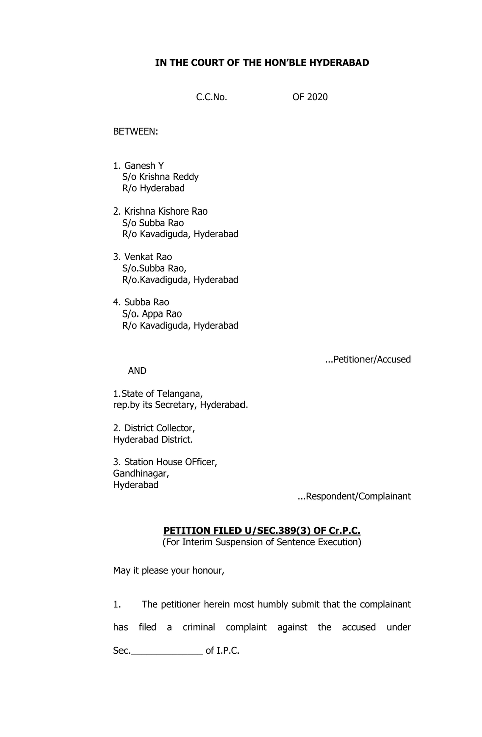 Petition Under Sec.389(3) Of Cr.P.C. For Interim Suspension Of Sentence Execution preview