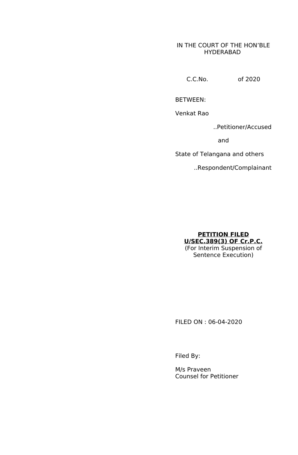 Petition Under Sec.389(3) Of Cr.P.C. For Interim Suspension Of Sentence Execution preview page 3