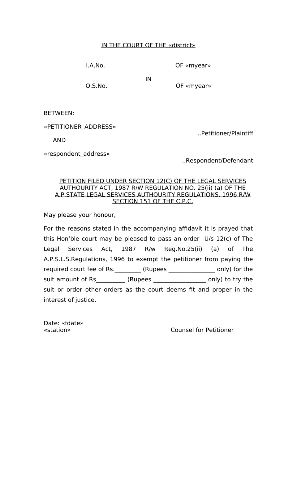 Petition Under Section 12(C) Legal Services Authorities Act 1987 Rw Sec 151 Cpc preview page 3
