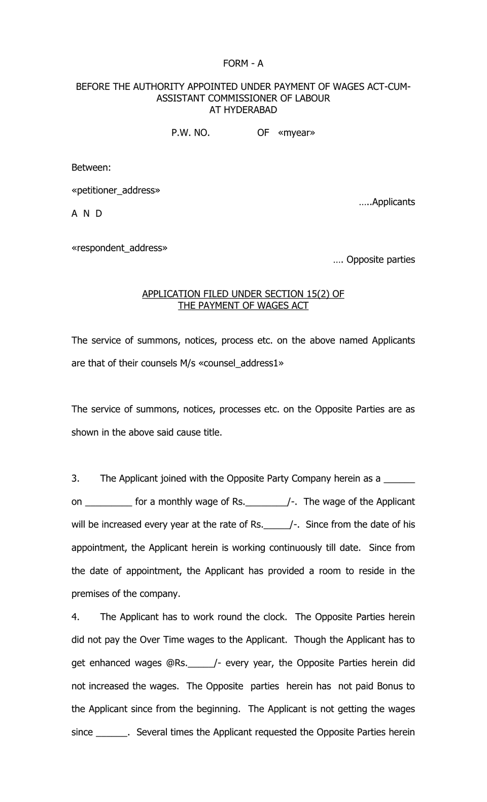 Petition Under Section 15 Payment Of Wages Act preview