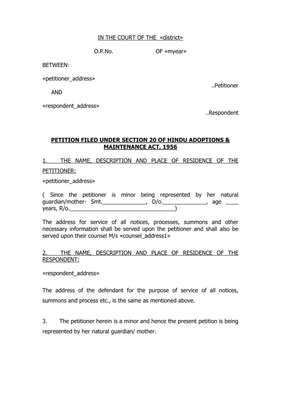 Petition Under Section 20 Hindu Adoptions And Maintenance Act 1956 preview