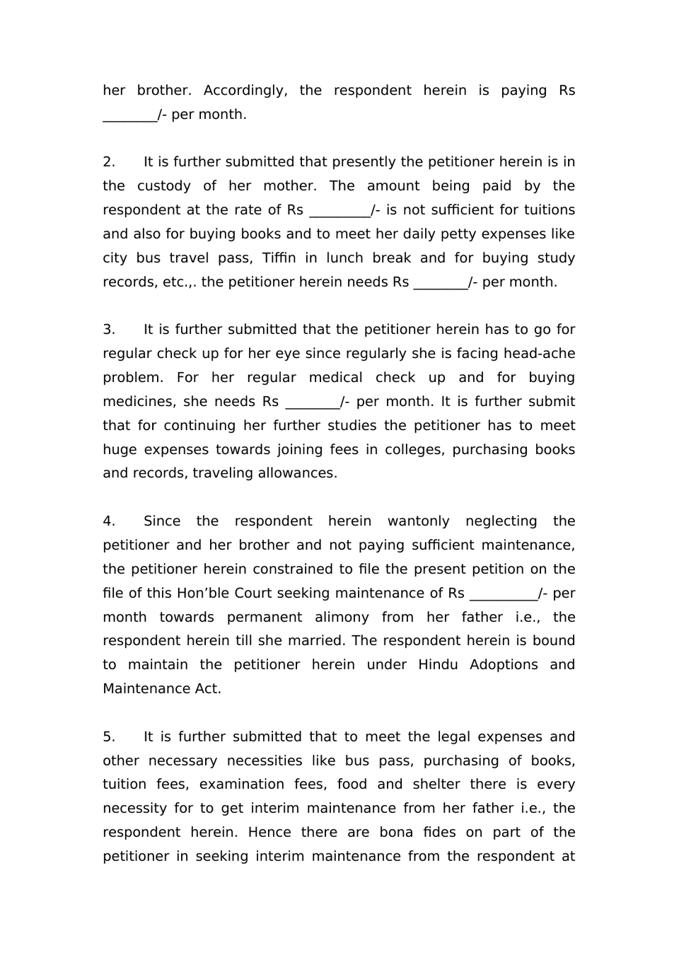 Petition Under Section 20 Hindu Adoptions And Maintenance Act 1956 preview page 8