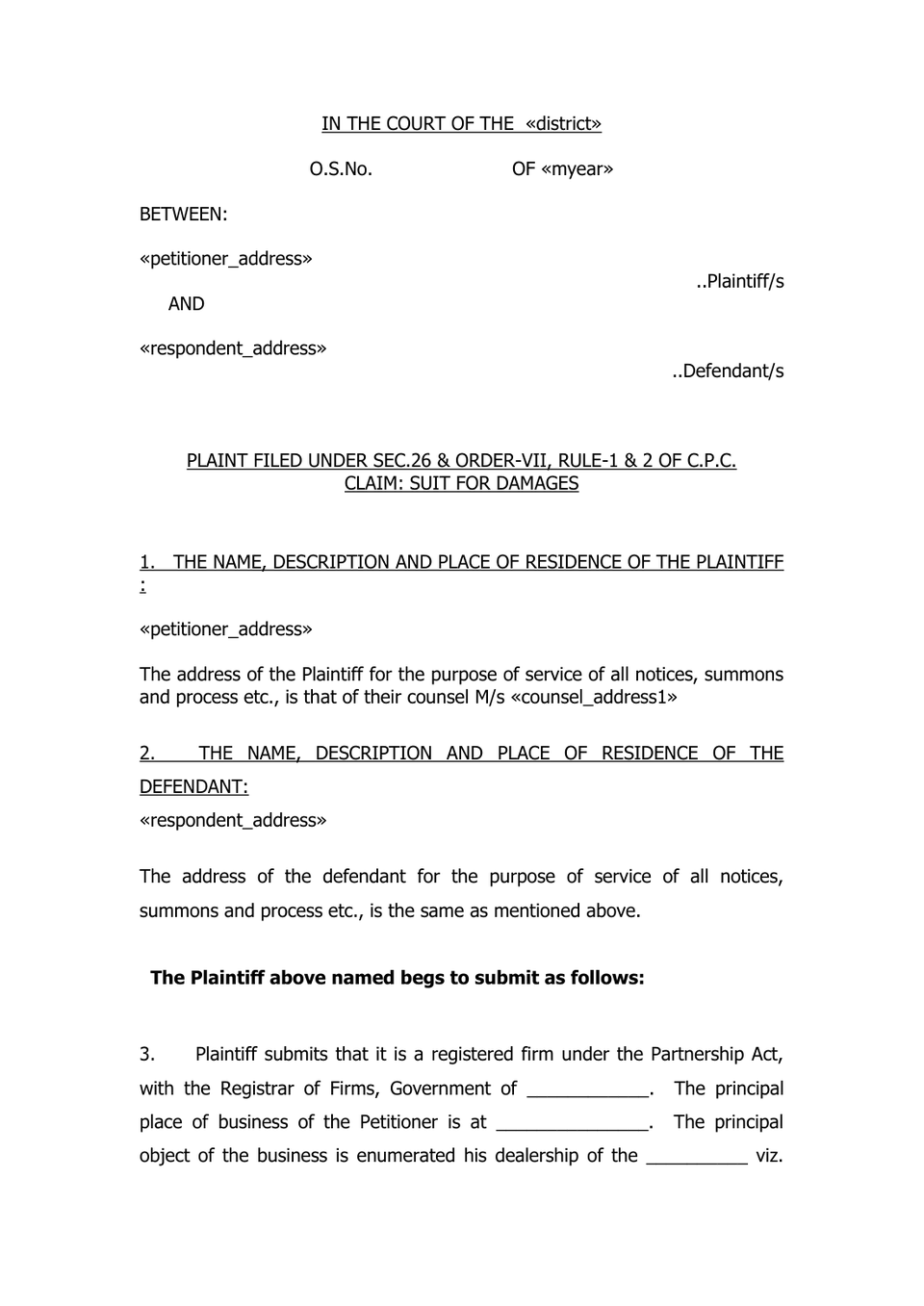 Plaint For Damages Sec 26 Order Vii Rule 1 And 2 Cpc preview