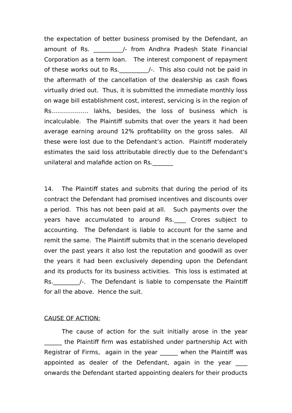 Plaint For Damages Sec 26 Order Vii Rule 1 And 2 Cpc preview page 5
