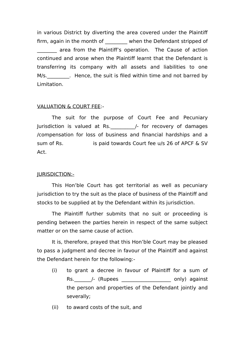 Plaint For Damages Sec 26 Order Vii Rule 1 And 2 Cpc preview page 6