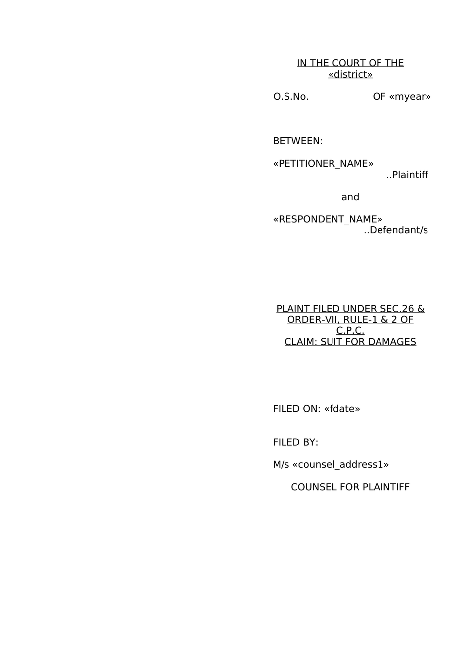 Plaint For Damages Sec 26 Order Vii Rule 1 And 2 Cpc preview page 9