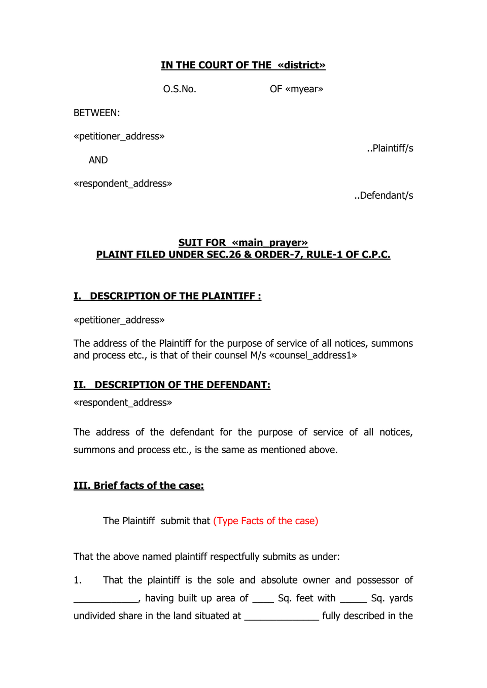 Plaint For Declaration Sec 26 Order Vii Rule 1 Cpc preview