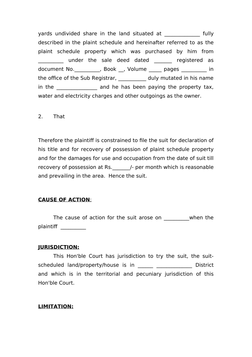 Plaint For Declaration Sec 26 Order Vii Rule 1 Cpc preview page 2