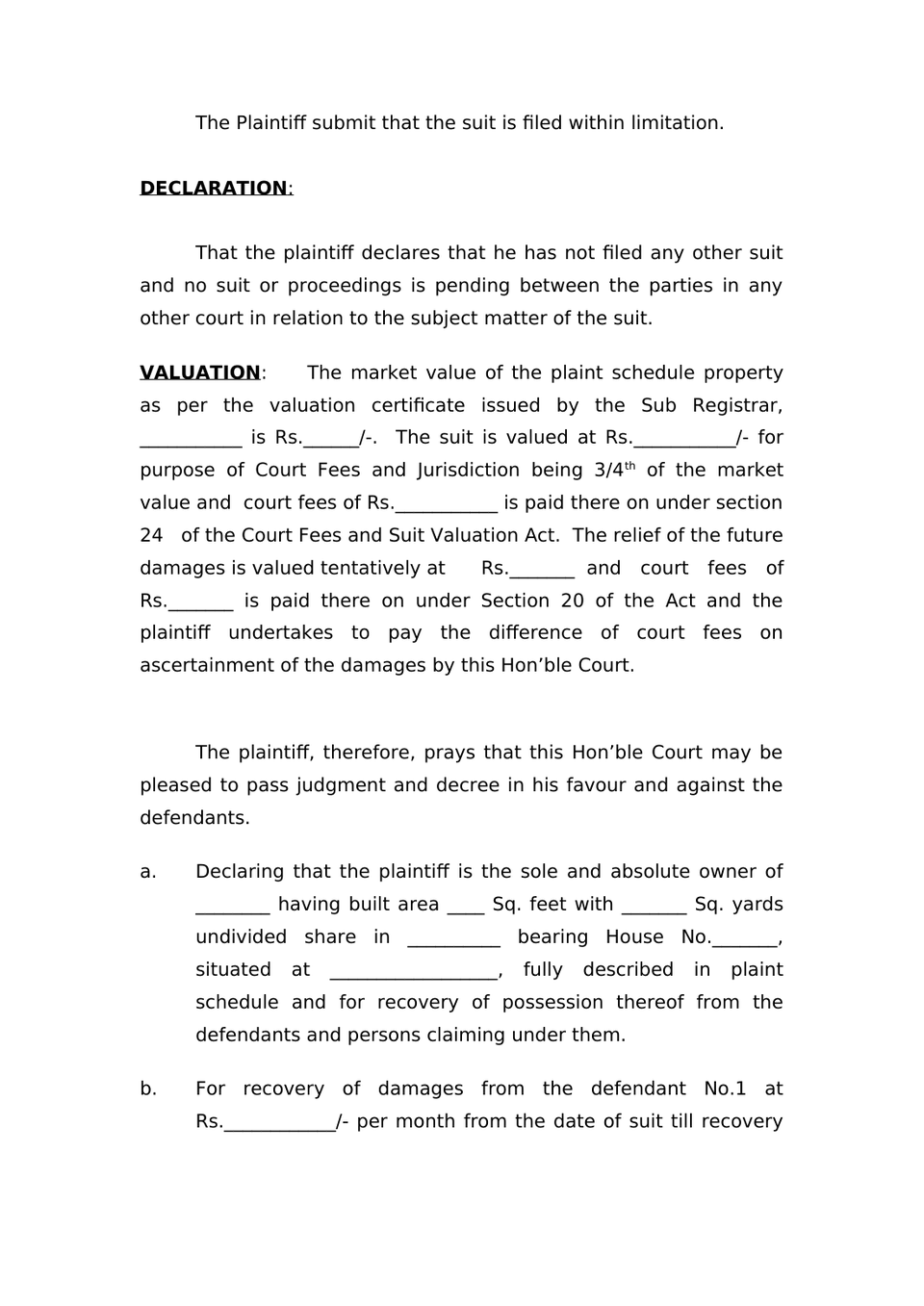 Plaint For Declaration Sec 26 Order Vii Rule 1 Cpc preview page 3