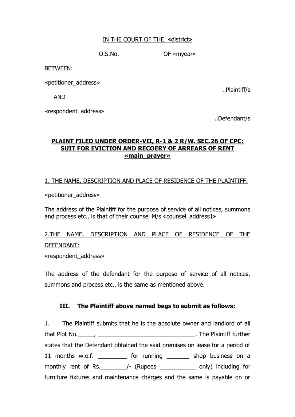 Plaint For Eviction Order Vii Rule 1 And 2 Rw Sec 26 Cpc preview